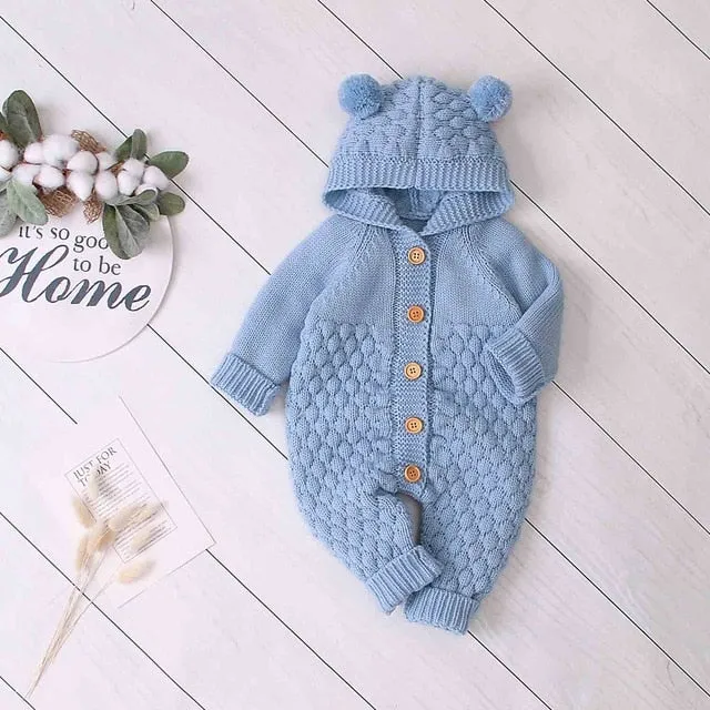 Baby Rompers Long Sleeve Autumn Hooded Toddler Kids Boys Girls Jumpsuits Pajamas Outfits Fashion Solid Knitted Children Clothing