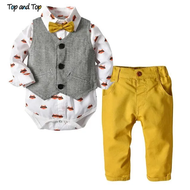 Top and Top Autumn Fashion infant clothing Baby Suit Baby Boys Clothes Gentleman Bow Tie Rompers   Vest   pants Baby Set