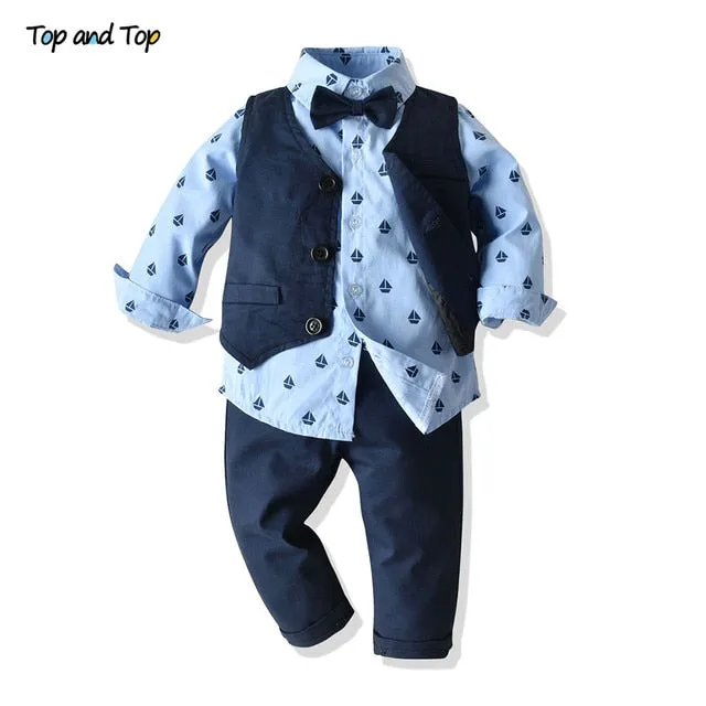 Top and Top Autumn Fashion infant clothing Baby Suit Baby Boys Clothes Gentleman Bow Tie Rompers   Vest   pants Baby Set