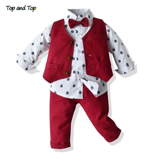 Top and Top Autumn Fashion infant clothing Baby Suit Baby Boys Clothes Gentleman Bow Tie Rompers   Vest   pants Baby Set