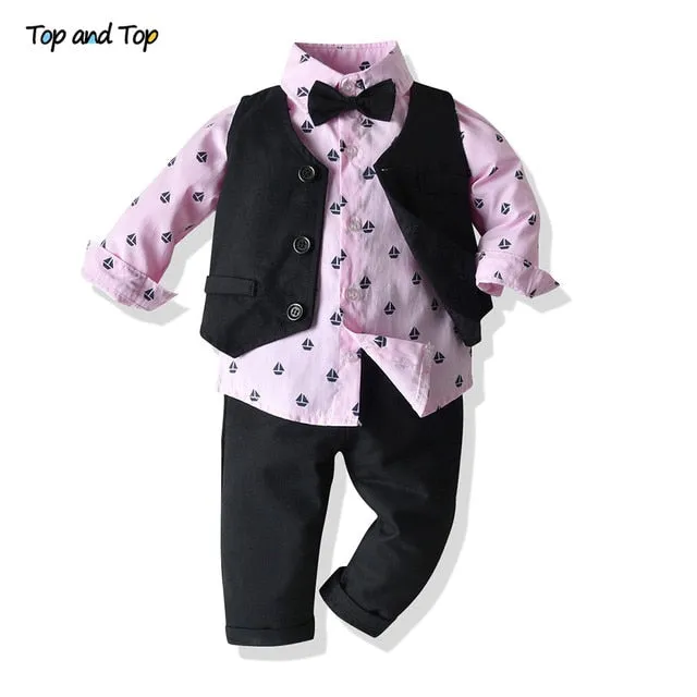 Top and Top Autumn Fashion infant clothing Baby Suit Baby Boys Clothes Gentleman Bow Tie Rompers   Vest   pants Baby Set