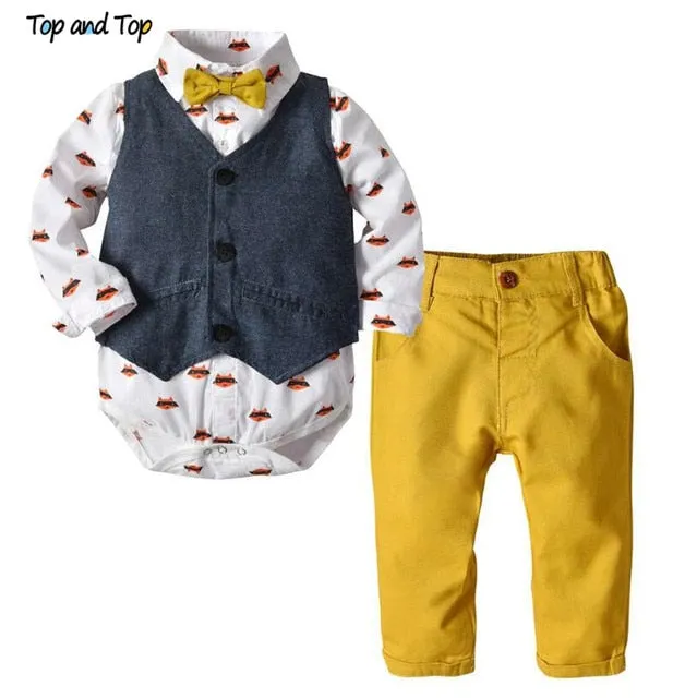 Top and Top Autumn Fashion infant clothing Baby Suit Baby Boys Clothes Gentleman Bow Tie Rompers   Vest   pants Baby Set