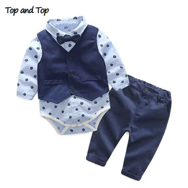 Top and Top Autumn Fashion infant clothing Baby Suit Baby Boys Clothes Gentleman Bow Tie Rompers   Vest   pants Baby Set