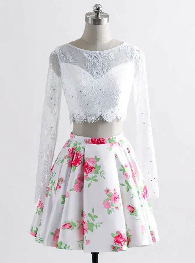 Two Piece Homecoming Dresses,Homecoming Dress with Sleeves,Printed Homecoming Dress,HC00195